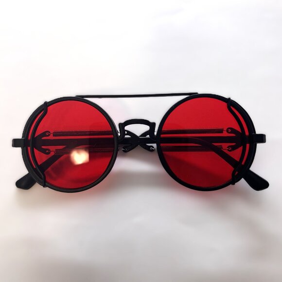 Red Lens Steampunk Sunglasses Retro Punk Round Gothic Shades NWT - Picture 2 of 3